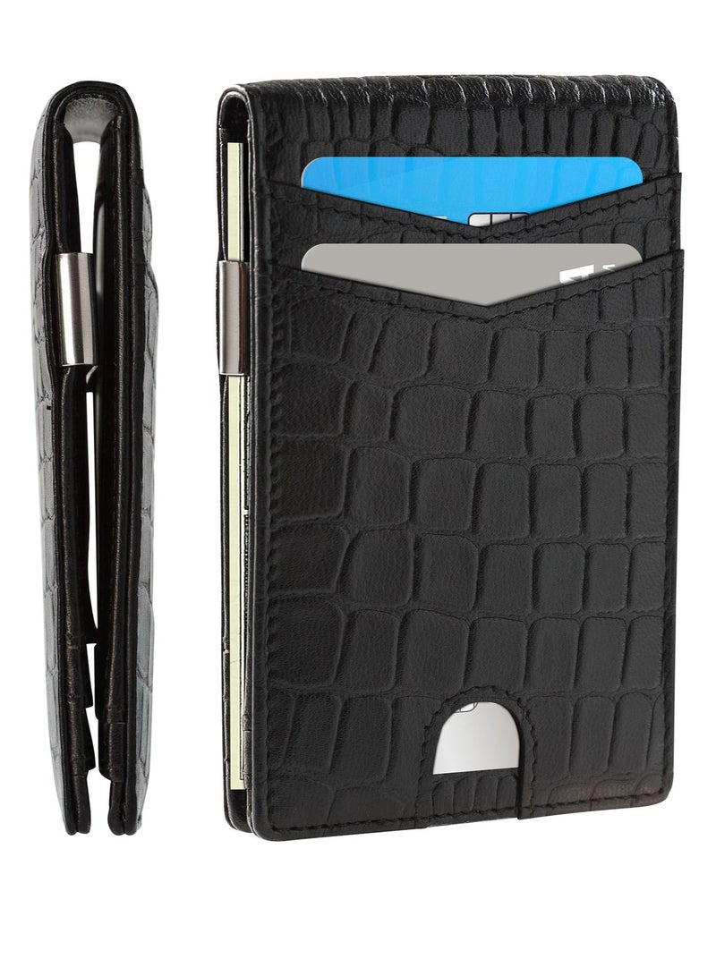 SKENZBI Slim Wallets for Men with Money Clip RFID Blocking Bifold Croco Black - Image 1