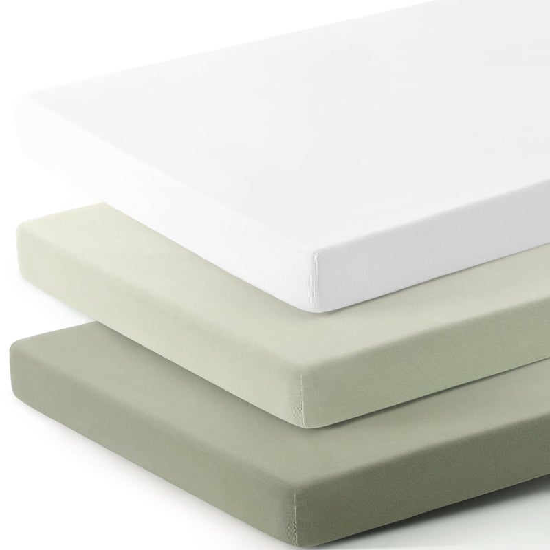 GRSSDER GRSSDER Mini Crib Sheets Fitted  Pack and Play Sheets 2 Pack  Ultra Soft Stretchy Pack N Play Sheets  Universal Fit for Playard Mattress  Jersey Crib Sheets for Boys and Girls  Sage Green - Image 3