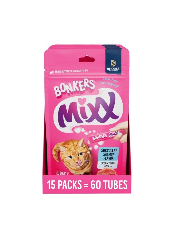 Bonkers Mixx, Wet Lickable Tube Succulent Salmon Flavor Cat Treats, Real Meat Treats, Treats for Training or Food Topper, for All Breeds and Ages, Value Pack (15 Pack, 60 Tubes) - Image 1