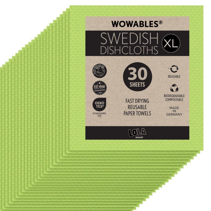 WOWABLES XL SWEDISH DISHCLOTHS 30 REUSABLE ECO CLEANING CLOTHS 11 X 10 ULTRA ABSORBENT CELLULOSE SPONGE TOWEL COMPOSTABLE MADE IN GERMANY