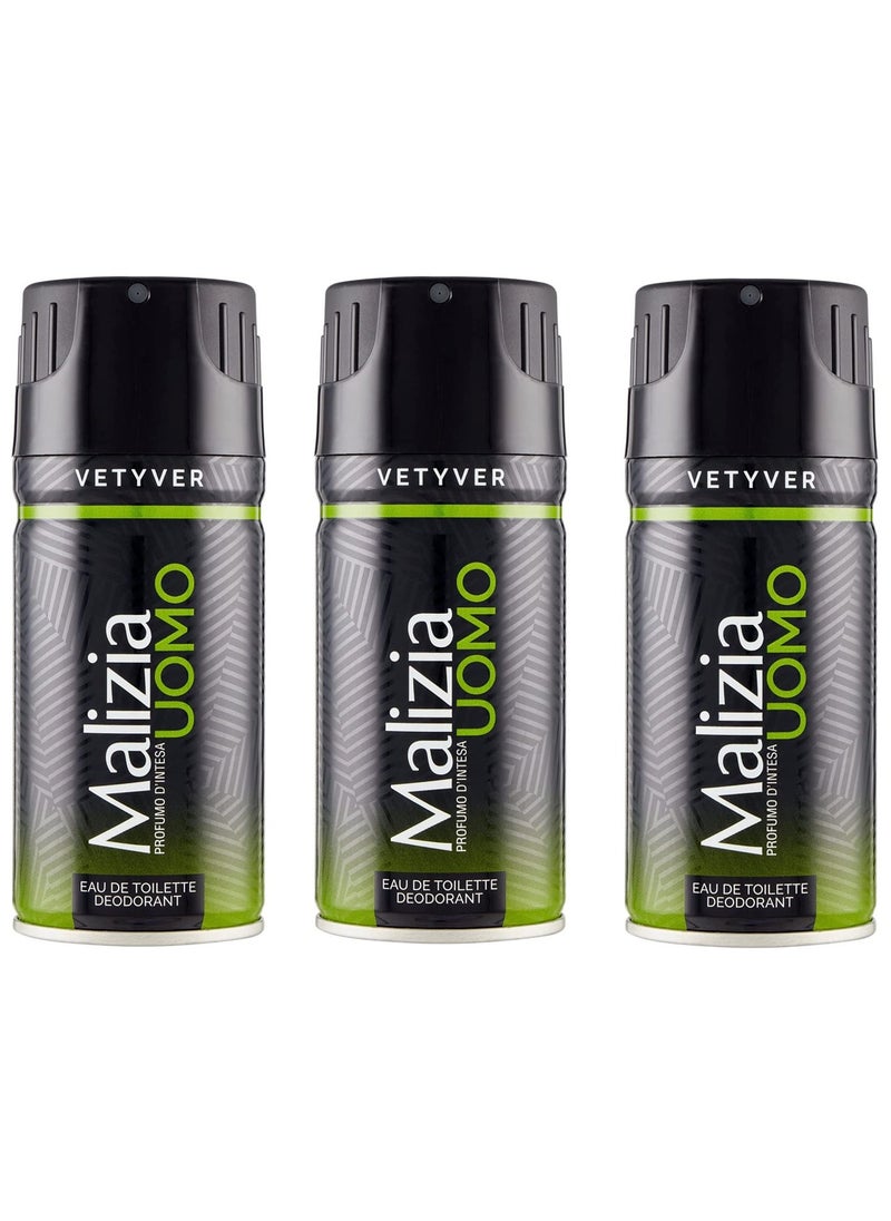 Malizia Malizia Uomo Deo Vetyver Body Spray 150 ml (Pack of 3)  - Image 1