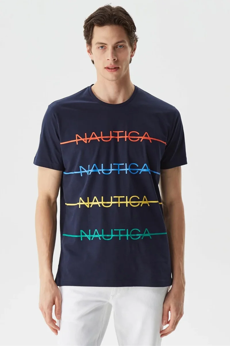 نوتيكا 100% Cotton Brand Printed Crew Neck Standard Fit T Shirt Men's T Shirt V35530T 4nv