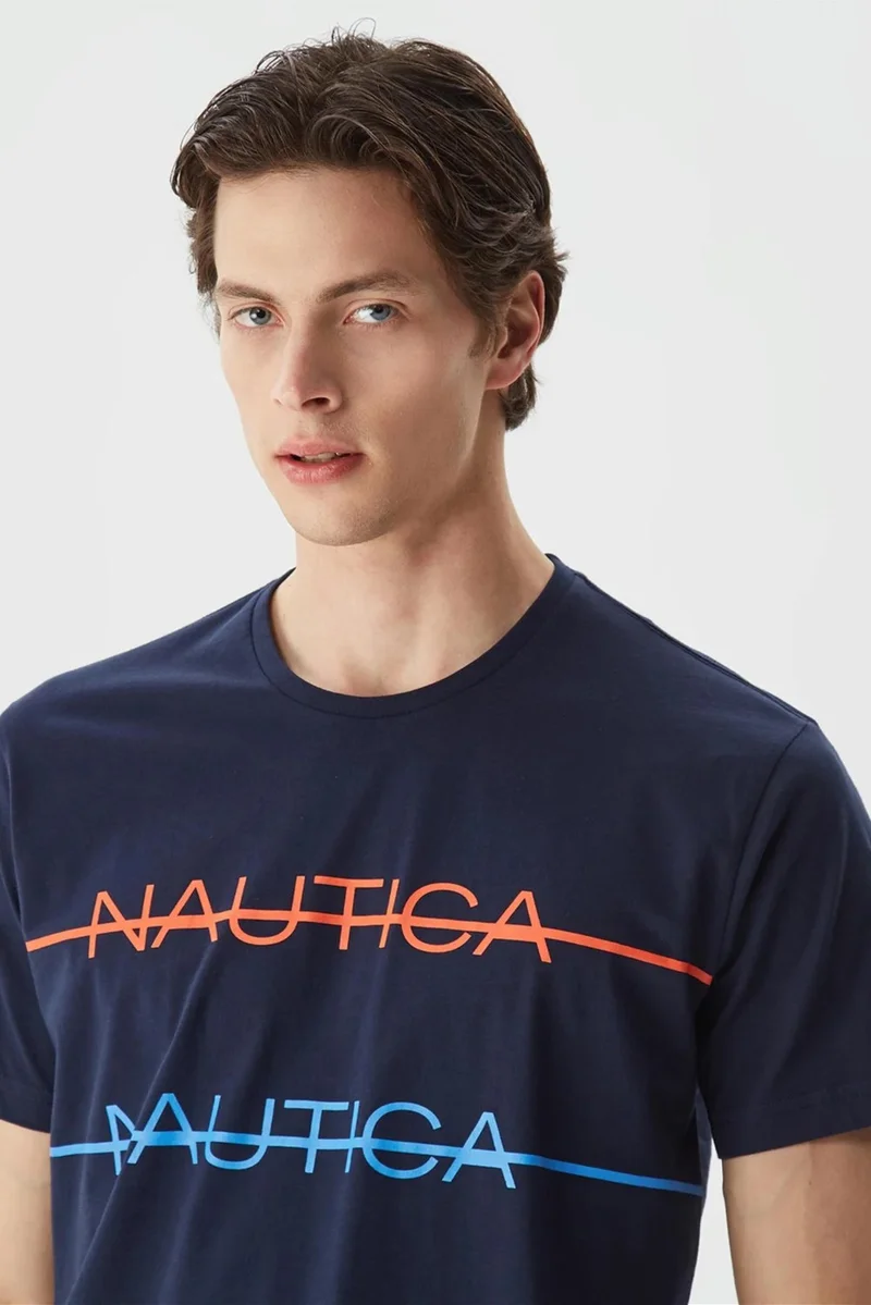 نوتيكا 100% Cotton Brand Printed Crew Neck Standard Fit T Shirt Men's T Shirt V35530T 4nv