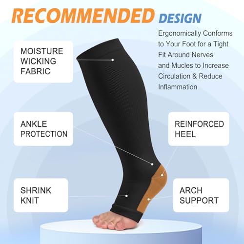 CTHH 3 Pack Open Toe Compression Socks for Women & Men, Toeless Knee High Stockings for Circulation Support, Copper Black Large-X-Large - Image 5