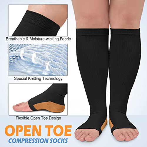 CTHH 3 Pack Open Toe Compression Socks for Women & Men, Toeless Knee High Stockings for Circulation Support, Copper Black Large-X-Large - Image 4