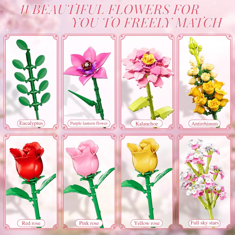 VINTOP Flowers Bouquet Building Set, 765 PCS Pink Roses Flores Set Artificial Plant Floral Botanicals Collection Kit Toy for Girls Women Adults Kids 6+ Home Decor Gift for Valentine's Day Mother's Day - Image 4