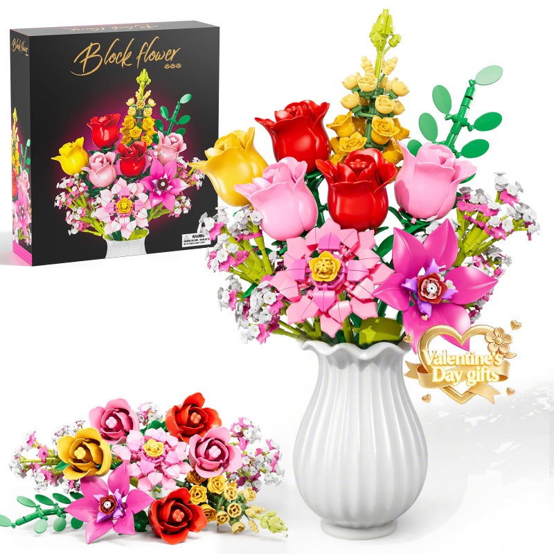 VINTOP Flowers Bouquet Building Set, 765 PCS Pink Roses Flores Set Artificial Plant Floral Botanicals Collection Kit Toy for Girls Women Adults Kids 6+ Home Decor Gift for Valentine's Day Mother's Day - Image 1