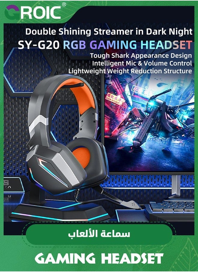 GROIC The Orange Stereo Gaming Headset for PS4 PC Xbox One PS5 Controller, Noise Cancelling Over Ear Headphones with Mic, LED Light, Bass Surround, Soft Memory Earmuffs  - Image 2