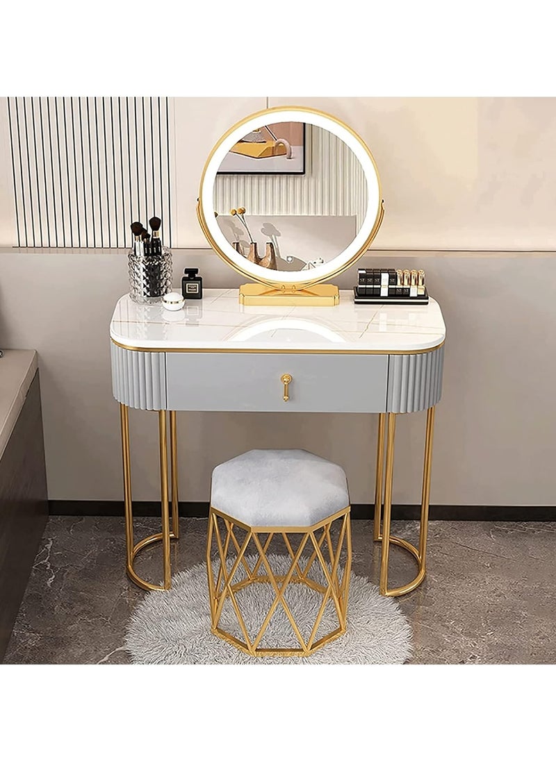 DubaiGallery Modern White Oval Glossy Makeup Vanity with 1 Drawers & Rotatable Mirror & Stool Engineered Wood Dressing Table  - Image 2
