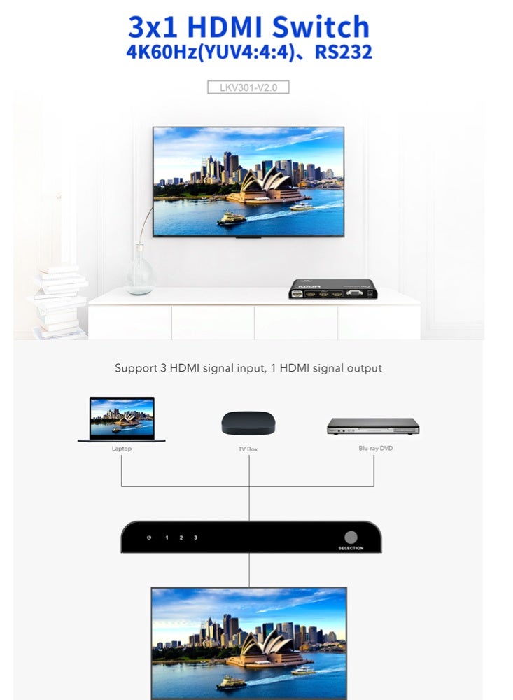 Lenkeng Lenkeng 3x1 HDMI Switch 4K at 60Hz Model LKV301-V2.0  - Image 4