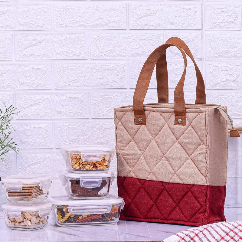 Femora Borosilicate Glass Microwave Safe Container Multipurpose Lunch Box for Office, Maroon, Square-300 ml (2 Container), Rectangle-620 ml (1 Container), Square-180 ml (2 Container). - Image 1