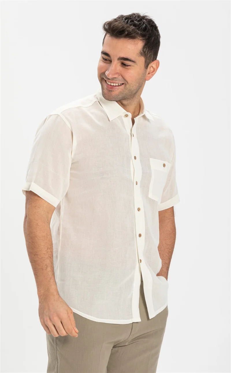 Ören Bayan Short Sleeve Şile Cloth Single Pocket Men's Shirt Cream 3002