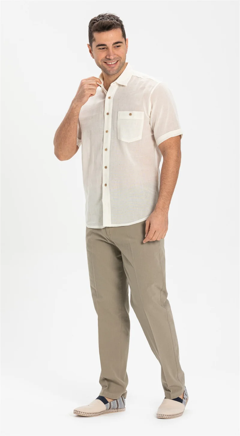 Ören Bayan Short Sleeve Şile Cloth Single Pocket Men's Shirt Cream 3002