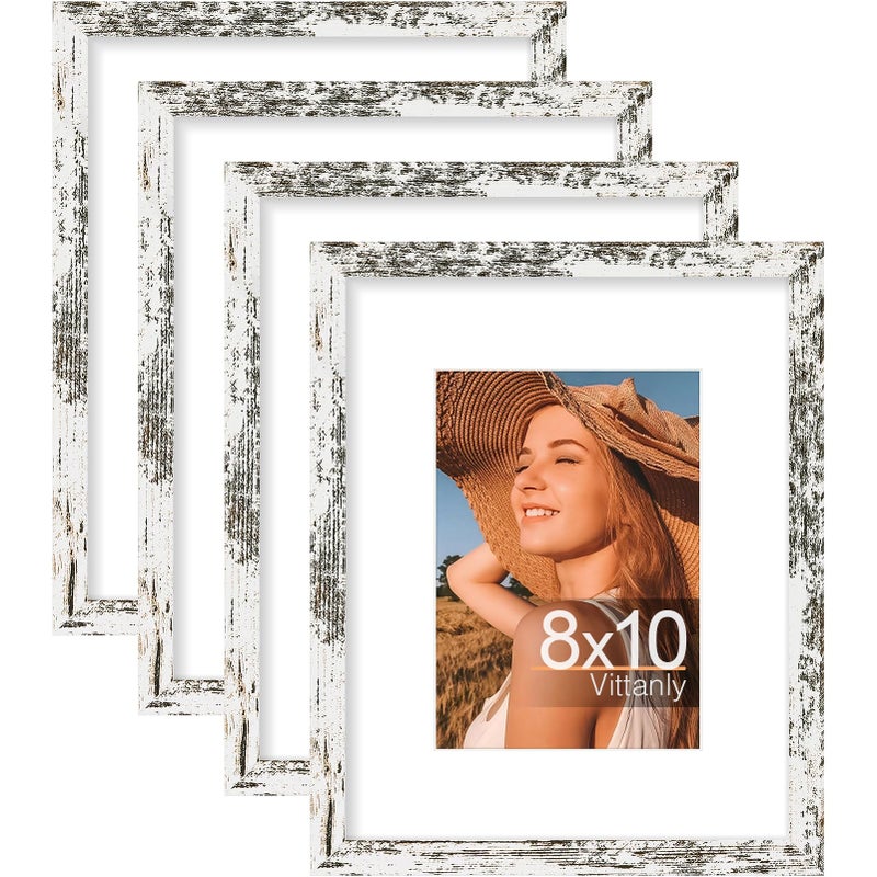 Vittanly 8x10 Picture Frame Set of 4 Display Pictures 5x7 with Mat or 8x10 without Mat Photo Frames for Wall or Tabletop Display Distressed White