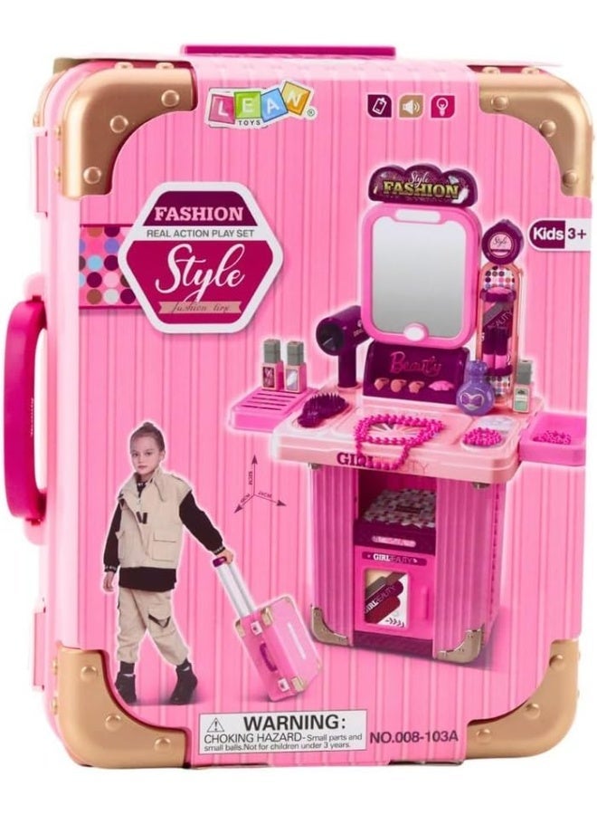 مايكاب مجموعة ألعاب مكياج وتجميل للأطفال 2 في 1 على شكل حقيبة سفر وردية بعجلات مع مجفف شعر - Image 3