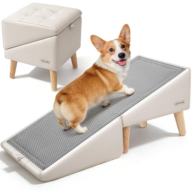 BBTANG Dog Stairs for Small Dogs 16" H - Upgraded Non-Slip Dog Ramp for Bed and Couch, Foldable 2-in-1 Pet Ramp and Ottoman, Pet Stairs for Puppy, Pet Steps with Solid Wood Frame (Beige) - Image 1