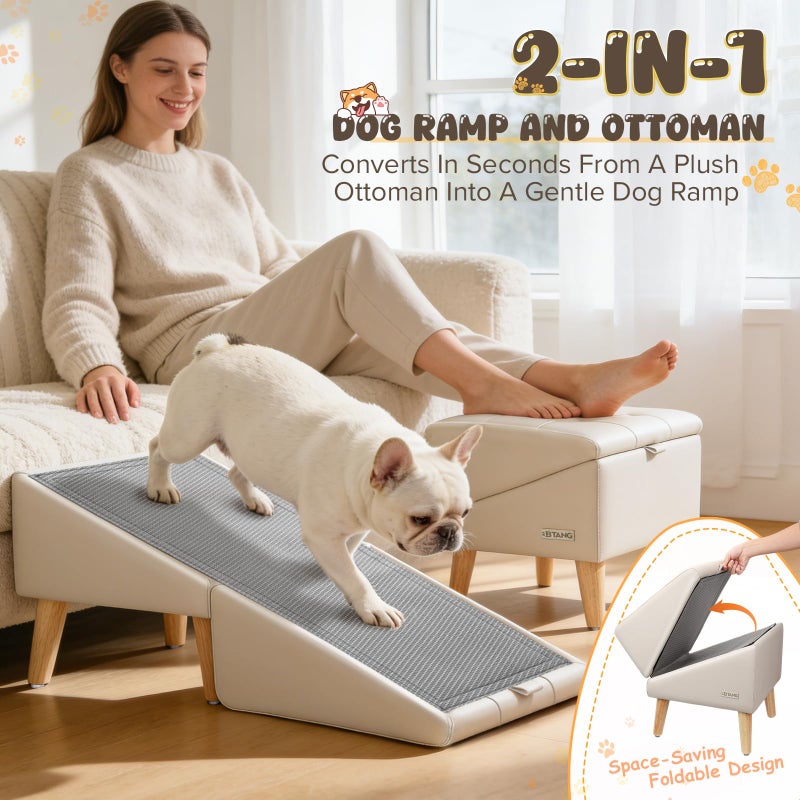 BBTANG Dog Stairs for Small Dogs 16" H - Upgraded Non-Slip Dog Ramp for Bed and Couch, Foldable 2-in-1 Pet Ramp and Ottoman, Pet Stairs for Puppy, Pet Steps with Solid Wood Frame (Beige) - Image 2