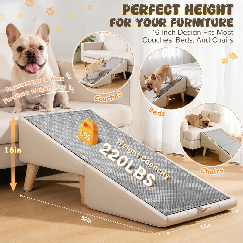 BBTANG Dog Stairs for Small Dogs 16" H - Upgraded Non-Slip Dog Ramp for Bed and Couch, Foldable 2-in-1 Pet Ramp and Ottoman, Pet Stairs for Puppy, Pet Steps with Solid Wood Frame (Beige) - Image 4