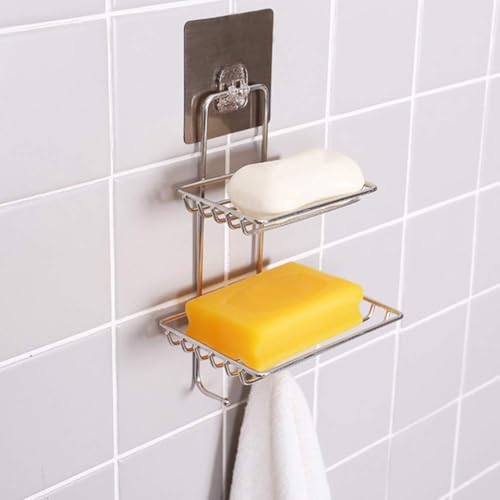 Koyet Wall Mounted Double Layer soap Dish Holder Stainless Steel Wall Hanging Soap Storage Rack for Kitchen Bathroom (Silver) - Image 4