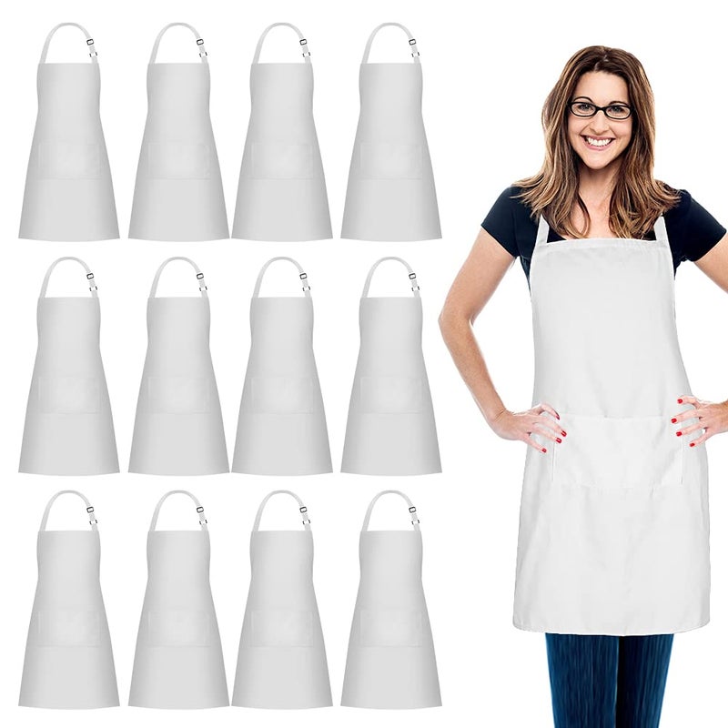 Jubatus Jubatus 12 Pack 100 Cotton Aprons Bulk with 2 Pockets Cooking Chef Kitchen Adjustable Bib Apron for Women Men White 