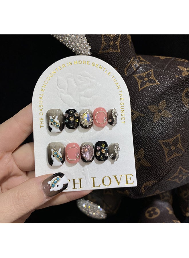 SCHAVO 10 Pieces Black Series Short Square and Round Wearable Fake Nails Set with Sweet and Cool Style - Image 1