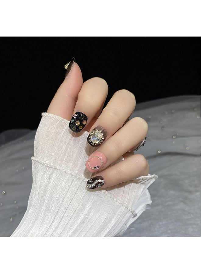 SCHAVO 10 Pieces Black Series Short Square and Round Wearable Fake Nails Set with Sweet and Cool Style - Image 2