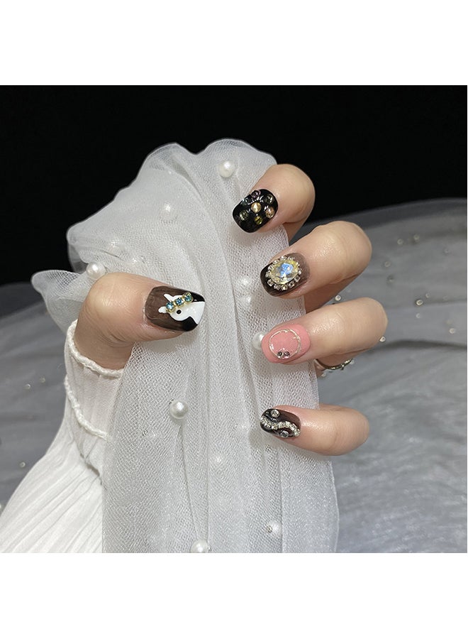 SCHAVO 10 Pieces Black Series Short Square and Round Wearable Fake Nails Set with Sweet and Cool Style - Image 3