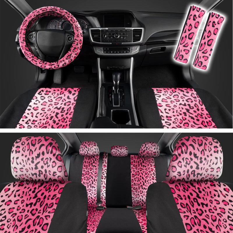 carXS Leopard Print Car Seat Covers Full Set Includes Matching Seat Belt Pads and Steering Wheel Cover TwoTone Cheetah Hot Pink Seat Covers for Women Car Seat Protector Interior Covers