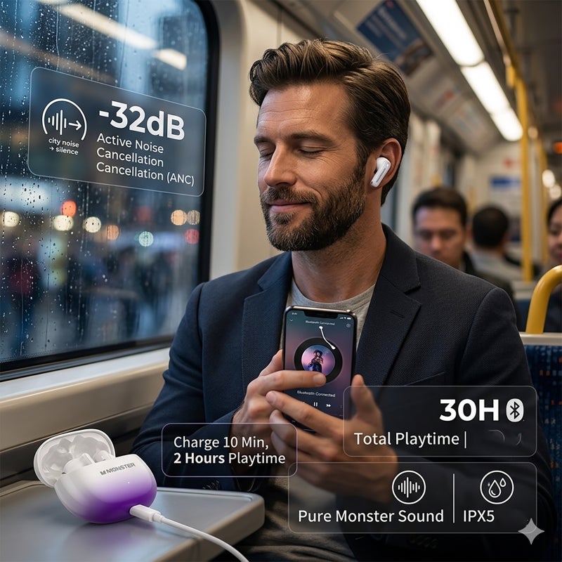 Monster XT02 Wireless Earbuds Bluetooth 5.4, -32dB ANC Noise Cancelling Earphones, Deep Bass Stereo, Low Latency Gaming Headphones, 30H Playtime, IPX5 Waterproof, Touch Control for Any Occasion - Image 4