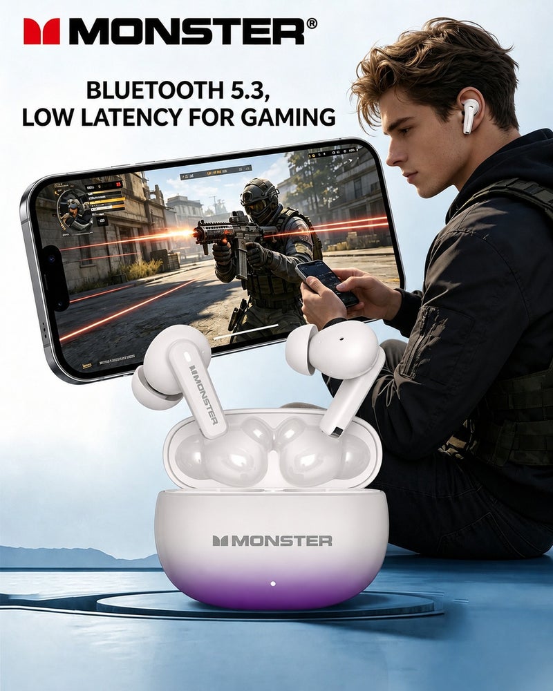 Monster XT02 Wireless Earbuds Bluetooth 5.4, -32dB ANC Noise Cancelling Earphones, Deep Bass Stereo, Low Latency Gaming Headphones, 30H Playtime, IPX5 Waterproof, Touch Control for Any Occasion - Image 2
