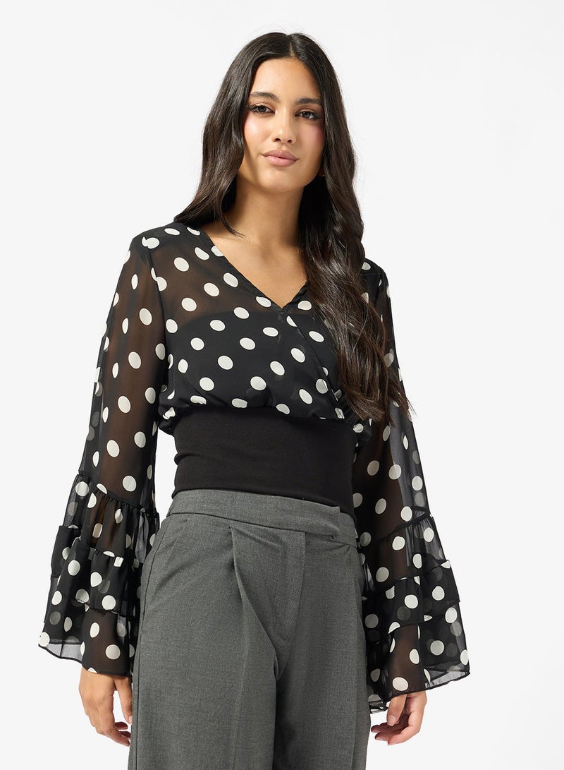 ELLA Polka Print Top With Flare Sleeves - Image 1