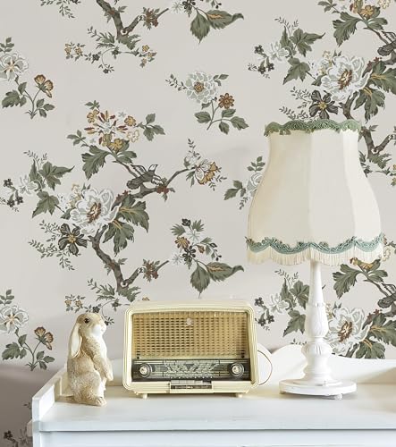 CiCiwind 16x3937 Floral Wallpaper Removable Self Adhesive Peel and Stick Wallpaper Flower Birds Contact Paper for Cabinets Living Room Decoral Walls Covering Cute Brown Bird Decoral Pattern