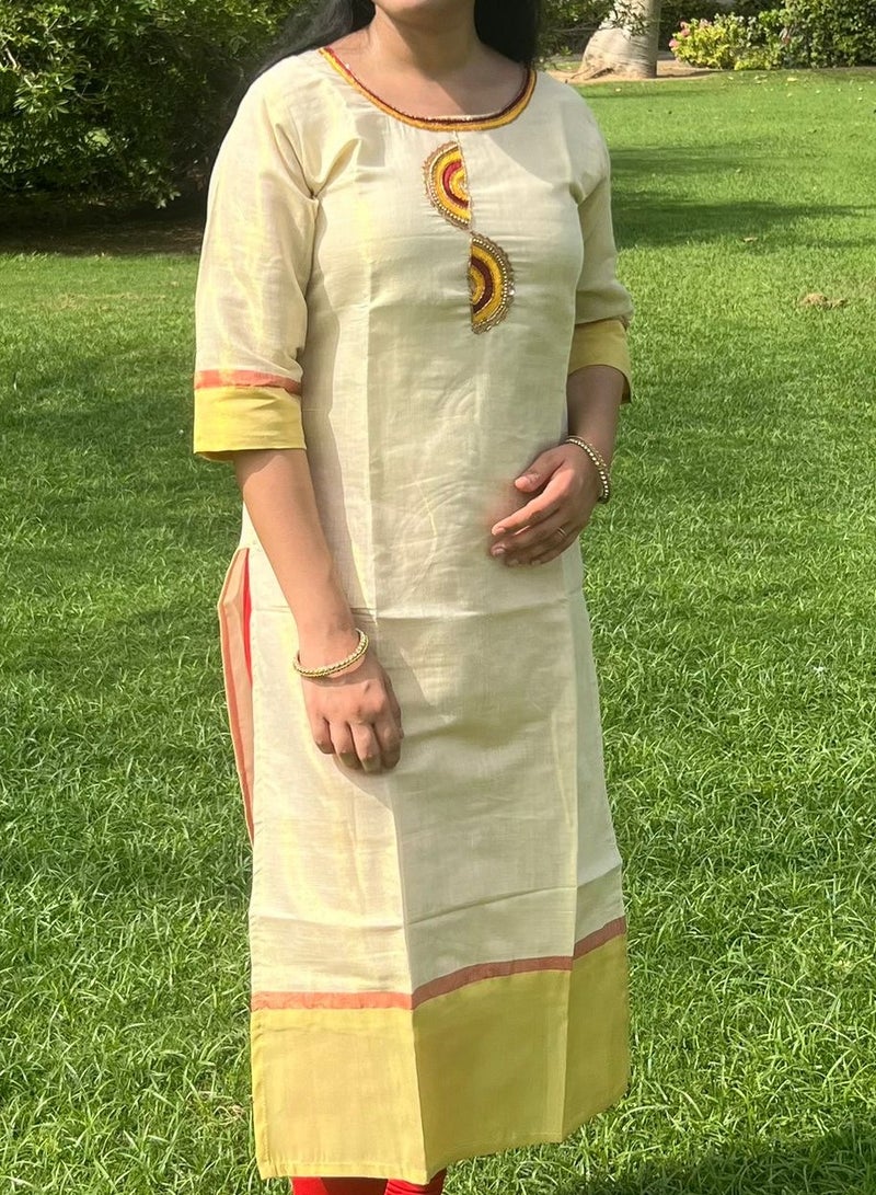 IndHeritage's premium kurti - Tissue silk onam kurti with Kasavu - Indian Kurti IDH00172 - Image 1
