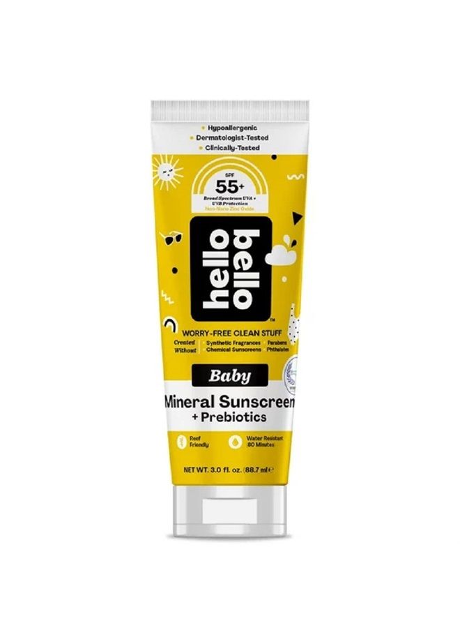 Hello Bello Mineral SPF 55+ Sunscreen Lotion with Prebiotics I Water Resistant and Reef Friendly Sun Protection for Babies and Kids I 3 fl oz (Pack of 1)