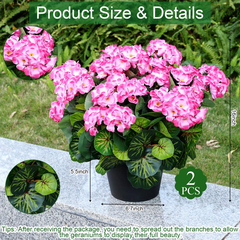 Tobilu Set of 2 Artificial Flowers Potted for Outdoor, Pre-Made Faux Geranium Plants in Pots UV Resistant Pink Silk Fake Flower Large Potted Plant for Gardens Yards Patios Paths Home Decor - Pink - Image 2