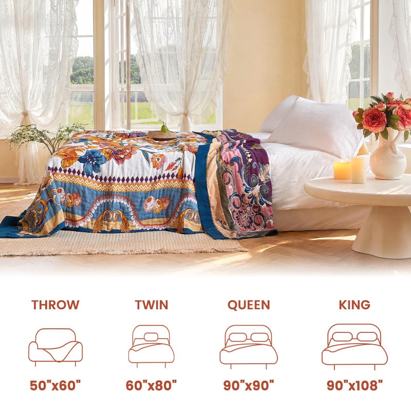 MSGKV Boho Throw Blanket 60"x80" Bed Floral 100% Cotton Blanket Spring Breathable Lightweight Twin Couch Blankets All Seasons Home Decor Muslin - Image 5