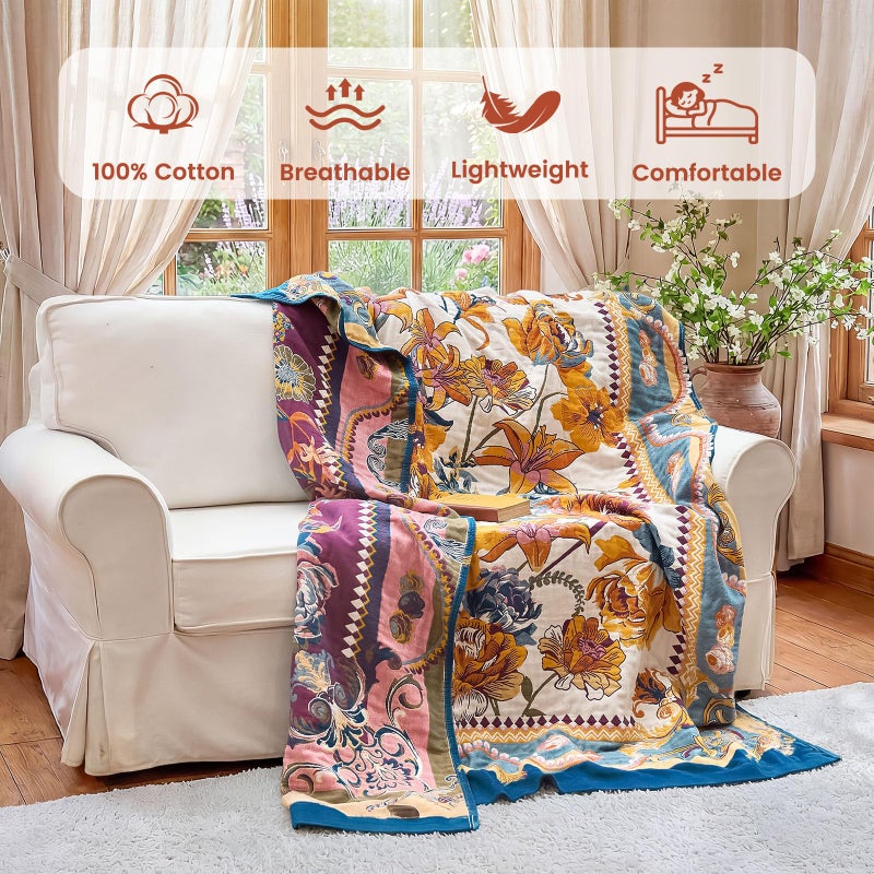 MSGKV Boho Throw Blanket 60"x80" Bed Floral 100% Cotton Blanket Spring Breathable Lightweight Twin Couch Blankets All Seasons Home Decor Muslin - Image 2