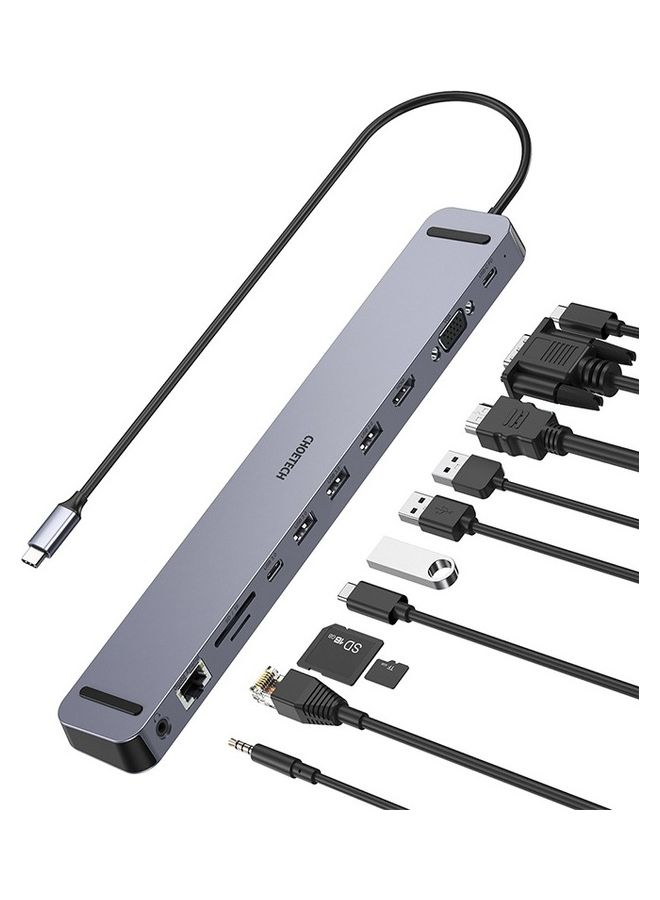 تشوتيك موزع متعدد المنافذ 11 في 1  بقدرة 100 وات بمنفذ USB C بتقنية PD/ ومنفذ VGA/ ومنفذ HDMI بجودة 4K/ و3 منافذ USB 3.0/ ومنفذ USB C 3.0/ ومنفذ لبطاقة SD/TF ومنفذ إيثرنت RJ45 ومنافذ صوت مقاس 3.5 مم متوافق مع أجهزة متعددة لون رمادي - Image 1
