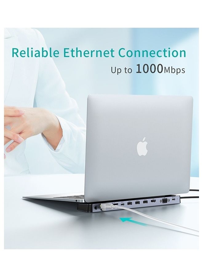 تشوتيك موزع متعدد المنافذ 11 في 1  بقدرة 100 وات بمنفذ USB C بتقنية PD/ ومنفذ VGA/ ومنفذ HDMI بجودة 4K/ و3 منافذ USB 3.0/ ومنفذ USB C 3.0/ ومنفذ لبطاقة SD/TF ومنفذ إيثرنت RJ45 ومنافذ صوت مقاس 3.5 مم متوافق مع أجهزة متعددة لون رمادي - Image 5