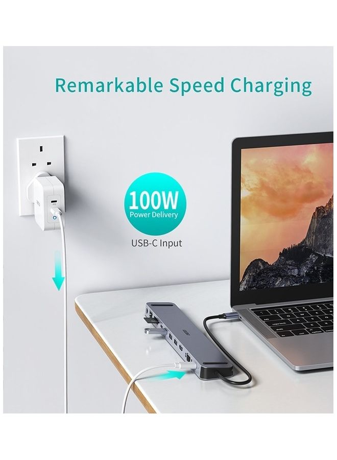 تشوتيك موزع متعدد المنافذ 11 في 1  بقدرة 100 وات بمنفذ USB C بتقنية PD/ ومنفذ VGA/ ومنفذ HDMI بجودة 4K/ و3 منافذ USB 3.0/ ومنفذ USB C 3.0/ ومنفذ لبطاقة SD/TF ومنفذ إيثرنت RJ45 ومنافذ صوت مقاس 3.5 مم متوافق مع أجهزة متعددة لون رمادي - Image 3