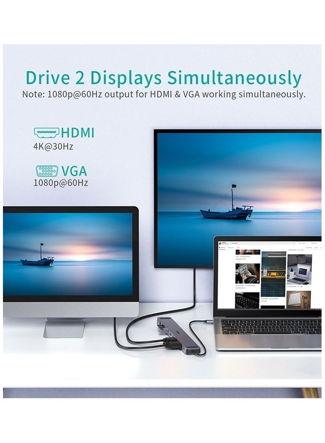 تشوتيك موزع متعدد المنافذ 11 في 1  بقدرة 100 وات بمنفذ USB C بتقنية PD/ ومنفذ VGA/ ومنفذ HDMI بجودة 4K/ و3 منافذ USB 3.0/ ومنفذ USB C 3.0/ ومنفذ لبطاقة SD/TF ومنفذ إيثرنت RJ45 ومنافذ صوت مقاس 3.5 مم متوافق مع أجهزة متعددة لون رمادي - Image 4