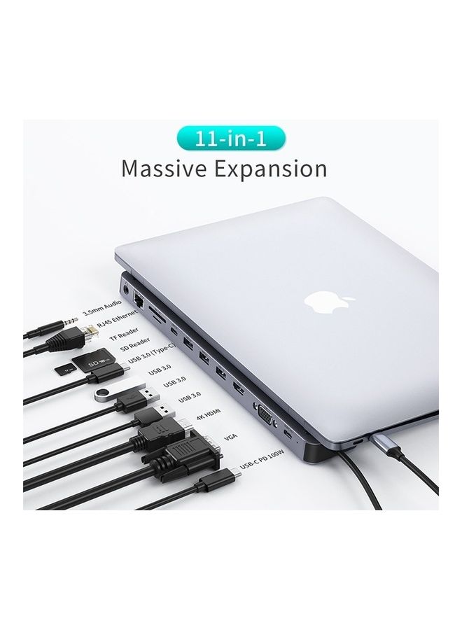 تشوتيك موزع متعدد المنافذ 11 في 1  بقدرة 100 وات بمنفذ USB C بتقنية PD/ ومنفذ VGA/ ومنفذ HDMI بجودة 4K/ و3 منافذ USB 3.0/ ومنفذ USB C 3.0/ ومنفذ لبطاقة SD/TF ومنفذ إيثرنت RJ45 ومنافذ صوت مقاس 3.5 مم متوافق مع أجهزة متعددة لون رمادي - Image 2
