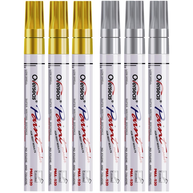 Overseas Gold and Silver Paint Pens - 6 Pack Oil Based Metallic Permanent Markers, Medium Tip, Quick Dry and Waterproof Paint Markers for Rock, Wood, Metal, Plastic, Canvas, Glass, Ceramics, Rubber - Image 1