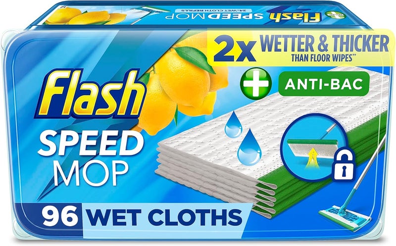 Flash Speedmop Wet Floor Cleaning Wipes, 96 Cloths, Antibac Lemon Multi-Surface - Image 1