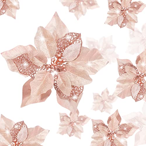 Boao 24 Pieces Christmas Artificial Glitter Poinsettia Flowers Xmas Flowers Wedding Christmas Tree New Year OrnamentsRose Gold - Image 1