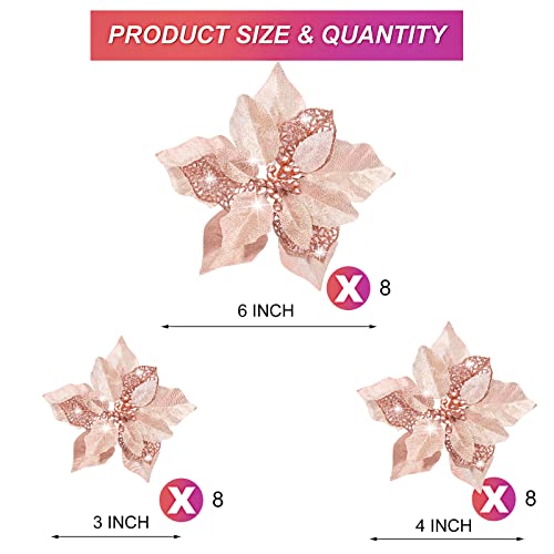 Boao 24 Pieces Christmas Artificial Glitter Poinsettia Flowers Xmas Flowers Wedding Christmas Tree New Year OrnamentsRose Gold - Image 3