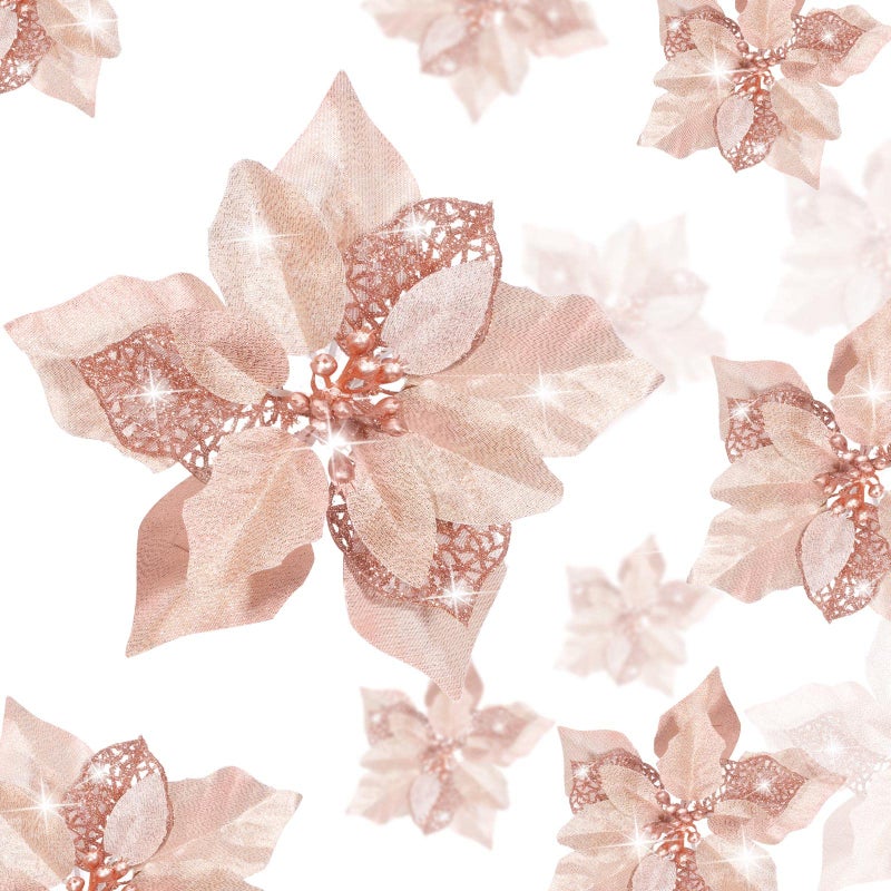 Boao 24 Pieces Christmas Artificial Glitter Poinsettia Flowers Xmas Flowers Wedding Christmas Tree New Year OrnamentsRose Gold - Image 2
