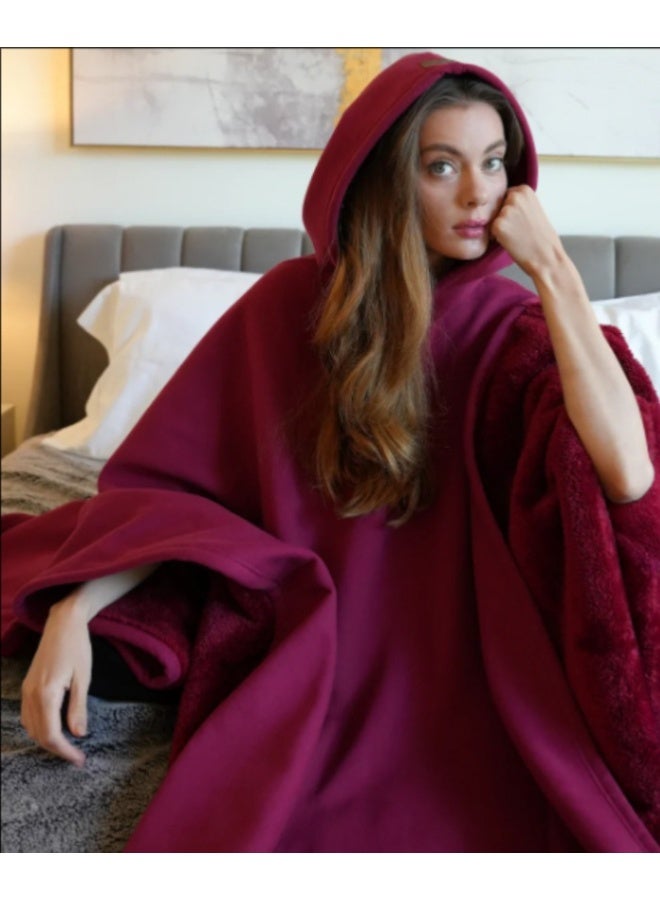 Thickened Flannel Warm Shawl Blanket, Oversized Long Sleeve Hoodie,Suitable forHome and Office Use, Unisex—Red - Image 2