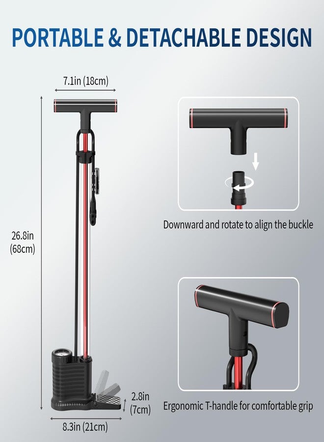 Veltuno Bike Pump with Transparent Cylinder & Precision Gauge, 160 PSI High-Pressure Air Pump for Presta & Schrader Valves - Fast, Effortless Inflation for Cars, Bike, E-Bike, Ball, Balloon (Red) - Image 2