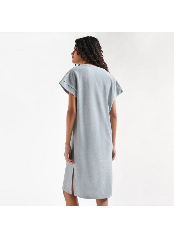 FAV - Printed T-shirt Dress with Extended Short Sleeves and Slit Detail - Image 1